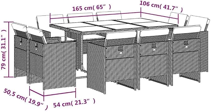 11 Piece Garden Dining Set, 10 Person Outdoor Patio Furniture with Solid Acacia Wood Tabletop and Steel Frame, Poly Rattan Dining Table and Chairs with Washable Cushions for Backyard