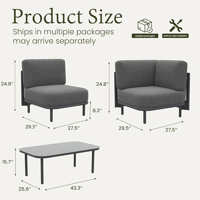 LayinSun 9 Pieces Patio Furniture Set with Coffee Table, Modern Outdoor Modular Sectional Conversation Set L-Shaped Sofa with 7-inch Cushion for Garden Backyard Deck