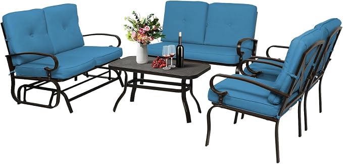 Oakcloud 5-Piece Outdoor Metal Furniture Sets Patio Conversation Set Wrought Iron Glider, 2 Single Chairs, Loveseat and Coffee Table, Peacock Blue