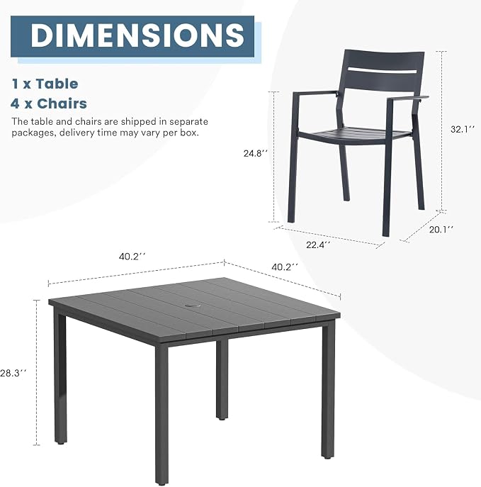 DIFY 5 Pieces Outdoor Patio Dining Set for 4, 40.2" Square Metal Dining Table and 4 Metal Stackable Dining Chairs, Outdoor Table and Chairs for Lawn Garden Poolside, Grey