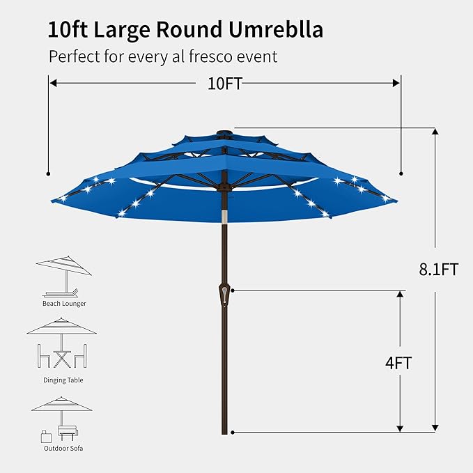 Kingdura 9ft 3-Tier Patio Umbrella with Solar Lights, Table Umbrella Outdoor Patio with Easy Crank & Tilt, 8 Sturdy Ribs, UV Protection, 32 LED Lights for Deck, Poolside, Market (Royal blue)