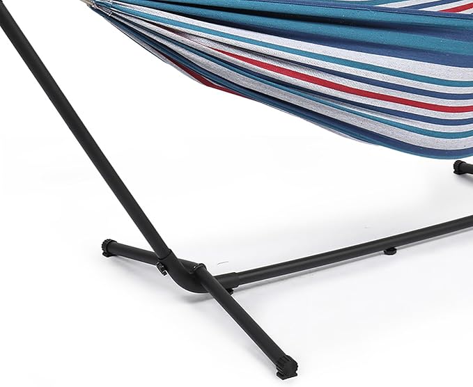 Double Hammock Chair with Stand, 2-Person Portable Hammock with Carrying Bag, Heavy Duty Hammocks for Outside Backyard, Camping, Garden, Yard, Patio, 330 lbs Weight Capacity (Blue Purple Stripes)