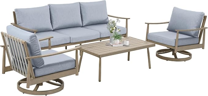 HAPPATIO Patio Outdoor Furniture Set - 4 Piece Aluminum Patio Conversation Set with 1 Coffee Table, 2 Swivel Chairs and 1 Three-Seater Sofa, Aluminum Outdoor Furniture Set for Yard Deck(Brown)