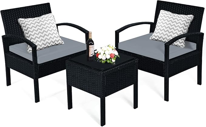 Tangkula 3 Piece Patio Conversation Set, Outdoor Rattan Sofa Set with Seat Cushions & Coffee Table, Patio Wicker Furniture Set for Garden Balcony Backyard Poolside (Grey)