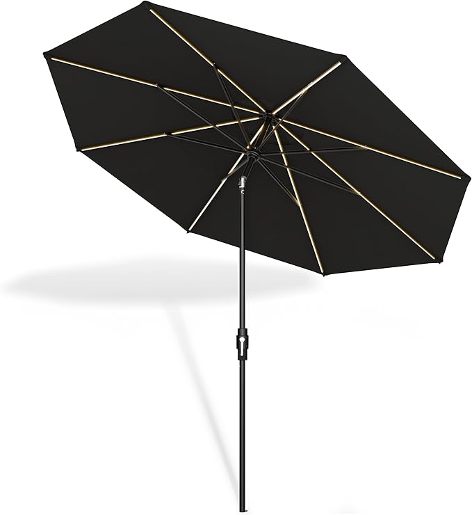 Midtown Umbrellas The LED Swilt 10 Feet Patio Umbrella With Sunbrella Black Acrylic Fabric - Auto-Tilt Aluminum Frame With LED Lights For Backyard, Deck, Garden, Pool - Black Pole