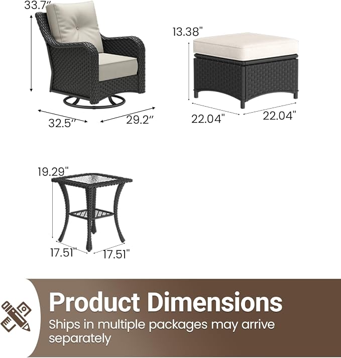 5 Pieces Outdoor Furniture Set with 6-inch Cushions, High Back Wicker Swivel Rocker Chairs with Coffee Table, Luxury Conversation Set for Deck Patio and Poolside