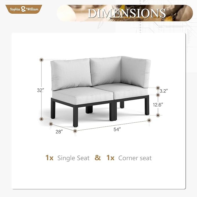 Sophia & William Outdoor Patio Furniture Set, Metal Sectional Sofa Set Patio Conversation Set with Cushions-2 x Single Sofa