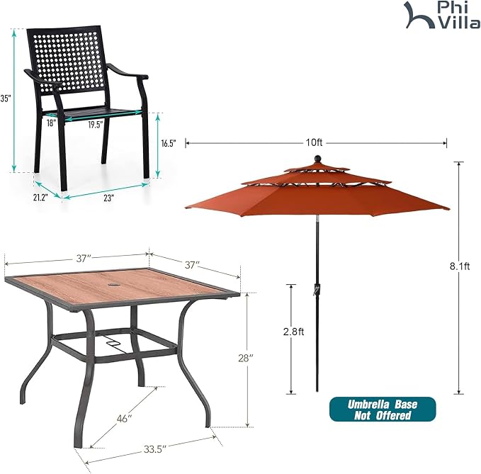 PHI VILLA Outdoor Table Chairs Set w/Umbrella, 5pc Patio Metal Furniture | 37" wrought iron square table w/ polywood top & stackable chairs for 4. 10ft red umbrella. Dining set for deck, porch