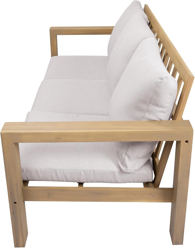 Outdoor Patio Sofa Set 3-Seater Acacia Wood Conversation Set with Cushions & Coffee Table Garden Backyard Balcony Poolside (Beige,Light Teak5)