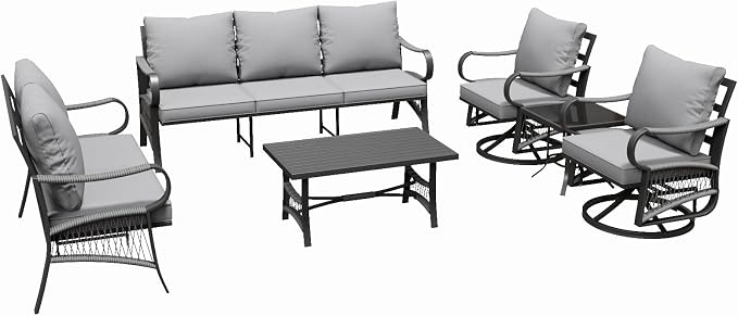 6 Piece Patio Furniture Set, 2 Single Swivel Chairs, Rope Braided Exposed with Thick Cushions, Outdoor All Weather Patio Conversation Sectional Sofa Set for Garden, Porch, Lawn, Grey