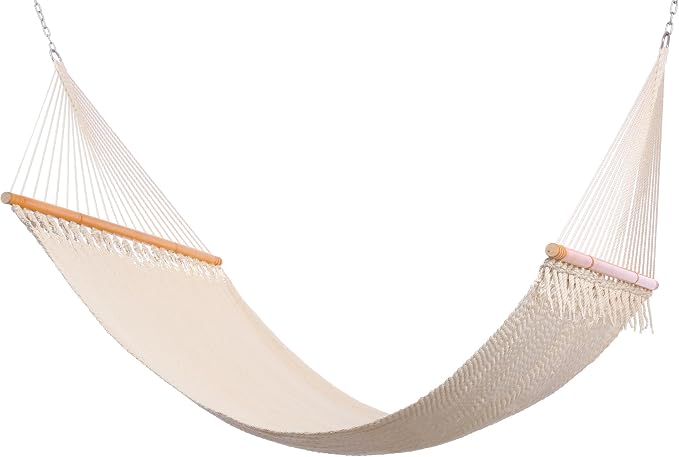 SANIWERKE® Double Caribbean Hammock 79" x 55" Woven Bed, 12 FT Long with Solid Spreader Bars, Hand Tightly Woven Rope Net, All Weather Outdoor Hammock for 2 Persons, 450 LBS Capacity, Warm Oatmeal