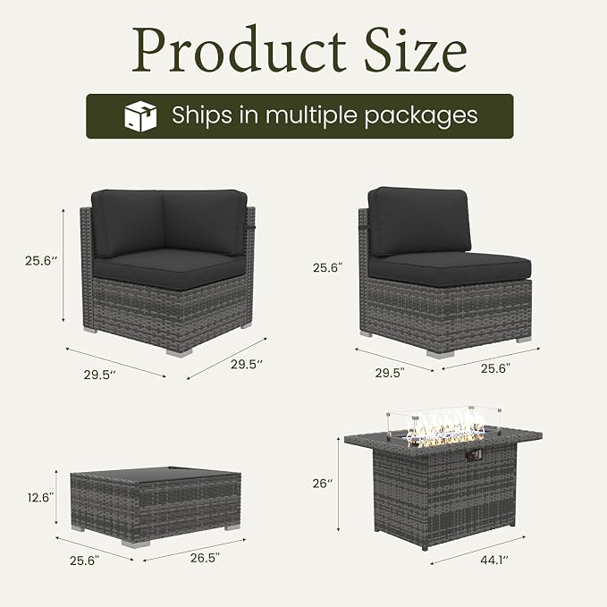LayinSun 8 Piece Patio Furniture Set with Fire Pit Table, Outdoor Conversation Sets Wicker Rattan Sectional Sofa with Coffee Table
