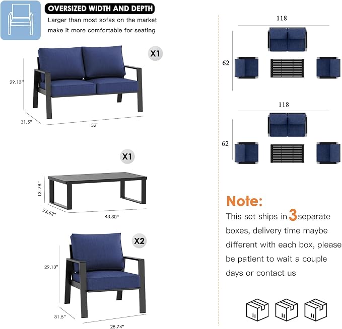 Aluminum Outdoor Patio Furniture Set, 4 Piece Sectional Coversation Sets with Coffee Table, Modern Outdoor Sofa Couch with Thick Cushions for Porch, Balcony, Garden, Blue