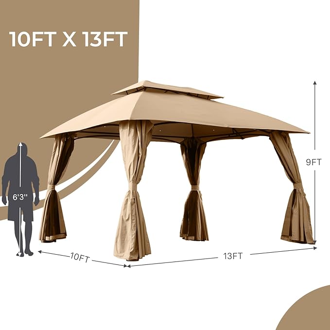 Grand Patio 10x13 Gazebo Replacement Canopy Curved Top Double Soft Canopy for Patio, Deck, Backyard, Garden, Lawns, Khaki (Curved top,ONLY Top Without Frame)