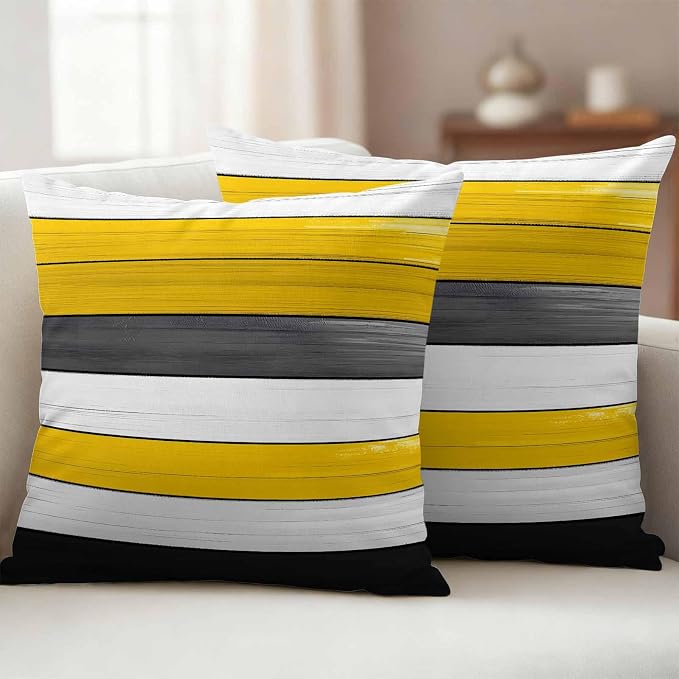Yellow Black Outdoor Pillow Covers 26"x26" Set of 2, Striped Gradient Wood Grain Modern Art Waterproof Throw Pillow Covers for Patio Furniture, Decorative Cushion Covers for Porch