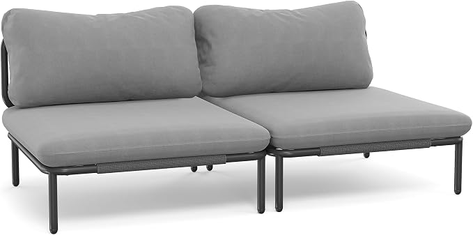 Patio Furniture Set, Outdoor Patio Furniture Oversized Metal Single Sofa, 2-seat Conversation Set with Cushion for Indoor and Outdoor, Black Frame and Dark Grey Mat (2 Seats 2 Armrests)