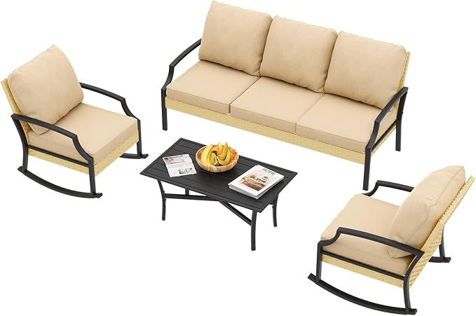AECOJOY Patio Furniture Set, 4-Piece Wicker Rocking Conversation Set, Beige | 3mm Rust-Resistant Steel, 5-Inch Cushions, 2 Rocking Chairs and Coffee Table for Porch, Garden, Lawn and Backyard