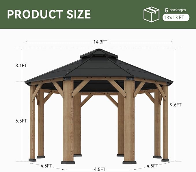 Aoxun 13' x 13' Outdoor Wood Gazebo, Hardtop Gazebo Permanent Wooden Pavilion with Galvanized Steel Double Roof, for Packyard, Garden, Deck, Cedar Wood