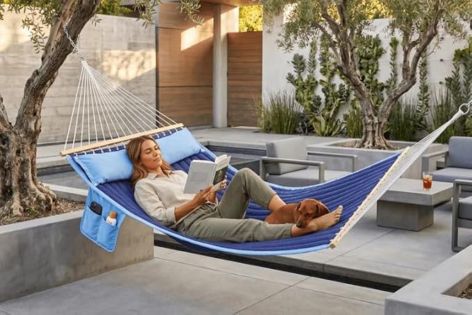 Lazy Daze Hammocks 2 Person Double Quilted Hammock with Spreader Bar, Detachable Pillow & Side Pocket, 450lbs Capacity for Patio Yard Garden Outdoor, Blue