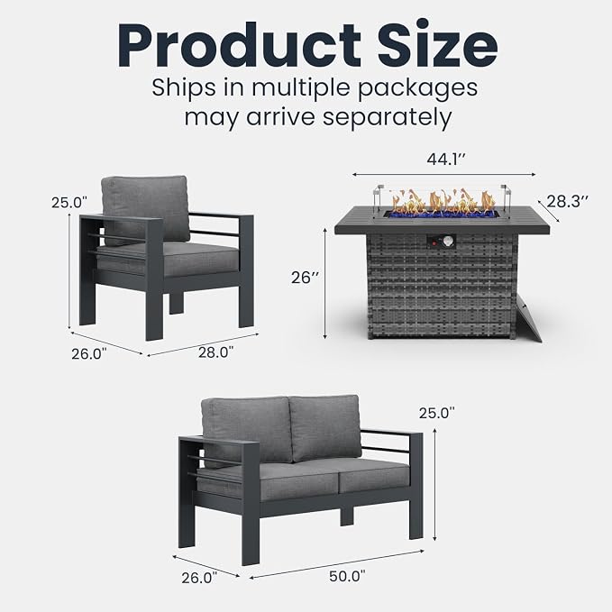 4 Pieces Modern Aluminum Patio Furniture Set with Fire Pit Table, Outdoor Conversation Sets Metal Sectional Sofa
