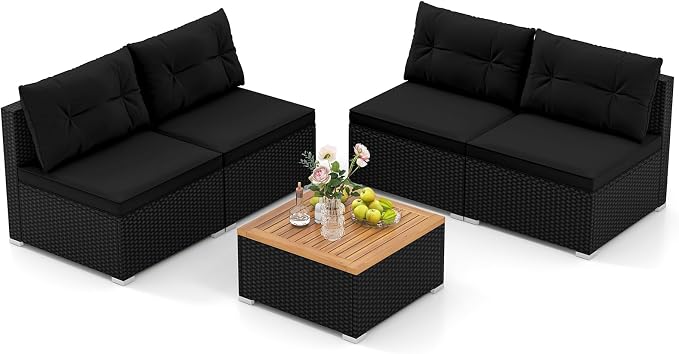 5 Pieces Patio Furniture Set, Outdoor Sectional Sofa with Acacia Wood Coffee Table & Cushions, Wicker Patio Conversation Set for Porch, Deck, Balcony, Poolside & Backyard (Black)