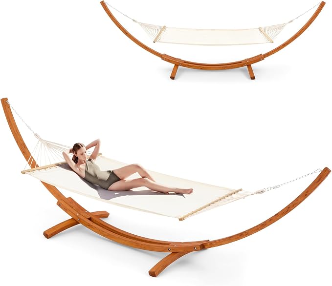 ECOTOUGE 14 FT Wooden Hammock with Stand, Outdoor Double Hammock with Wood Stand 2 Person Heavy Duty Hammock and Stand for Outside Backyard, Balcony, Porch, Patio, Garden, 550 lbs Capacity, White