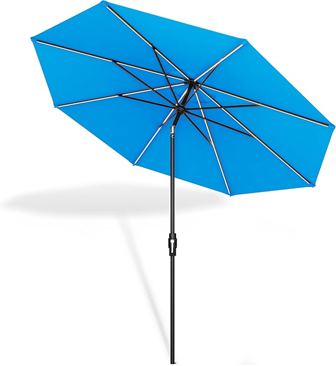 Midtown Umbrellas The LED Swilt 10 Feet Patio Umbrella With Terylast Cobalt (Blue) Polyester Fabric - Auto-Tilt Aluminum Frame With LED Lights For Backyard, Deck, Garden, Pool - Black Pole
