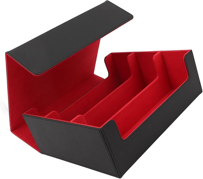 RiToEasysports Card Deck Box, 3 Rows Large Capacity Magnetic Closure Card Deck Case PU Leather Divider Box Storage Case for Game Cards Tarot Cards (Black Shell with Red