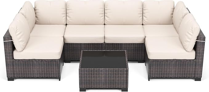 7 Piece Outdoor Patio Furniture Set, PE Rattan Conversation Sofa Set, Wicker Patio Set w/Thick Cushions & Glass Top Coffee Table, All-Weather Outside Furniture for Garden, Balcony,Porch(Brown+Beige)