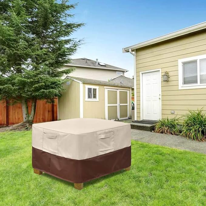 Vailge Square Patio Ottoman Cover, Waterproof Outdoor Ottoman Cover with Padded Handles, Patio Side Table Cover, Heavy Duty Outdoor Furniture Covers(Medium,Beige&Brown)