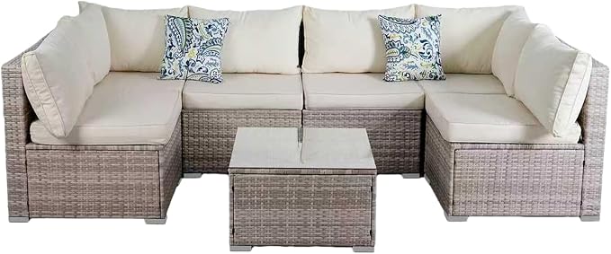 7 Piece Patio Furniture Sets, Rattan Conversation Sectional Set with Glass Table Outdoor Patio Sofa with Thick, Washable Cushions, for the Backyard, Poolside, Garden (Gray-Beige)