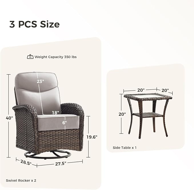 Luxury Outdoor Swivel Rocker Patio Chairs with 6-Inch Thick Cushions, High Back Swivel Glider Patio Chairs, 3PCS Wicker Outdoor Furniture Set for Porch, Patio, Yard, Deck, Poolside, Brown/Beige