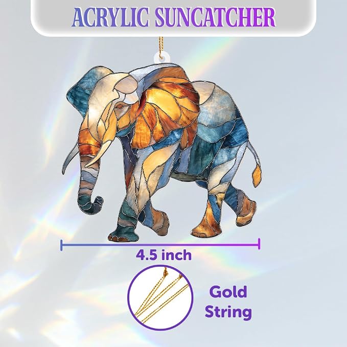 Elephant Ornament Stained Glass Style Acrylic – Window Hanging Suncatcher, Elephant Gifts for Women, Wildlife Animal Decor, Rearview Mirror Ornament, Holiday Christmas Tree Decorations(Sun-27)