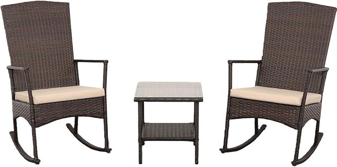 Outdoor HDPE Wicker Rocking Chair 3-Piece Patio Rattan Bistro Set 2 Rocker Armchair and Glass Coffee Side Table Furniture Washable Lacing Cushions, Khaki