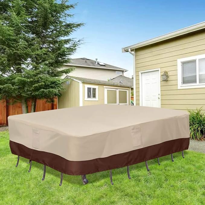 Vailge Waterproof Patio Furniture Set Cover with Padded Handles, Patio/Outdoor Table Cover, Patio/Outdoor Dining Rectangular Table Chairs Cover Small,Beige & Brown