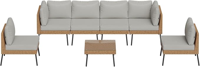 Aoxun Patio Furniture Set, 7 Piece Outdoor Sectional Sofas with Thick Cushion, Wicker Outdoor Patio Furniture Set with Coffee Table for Party, Garden, Backyard, Grey