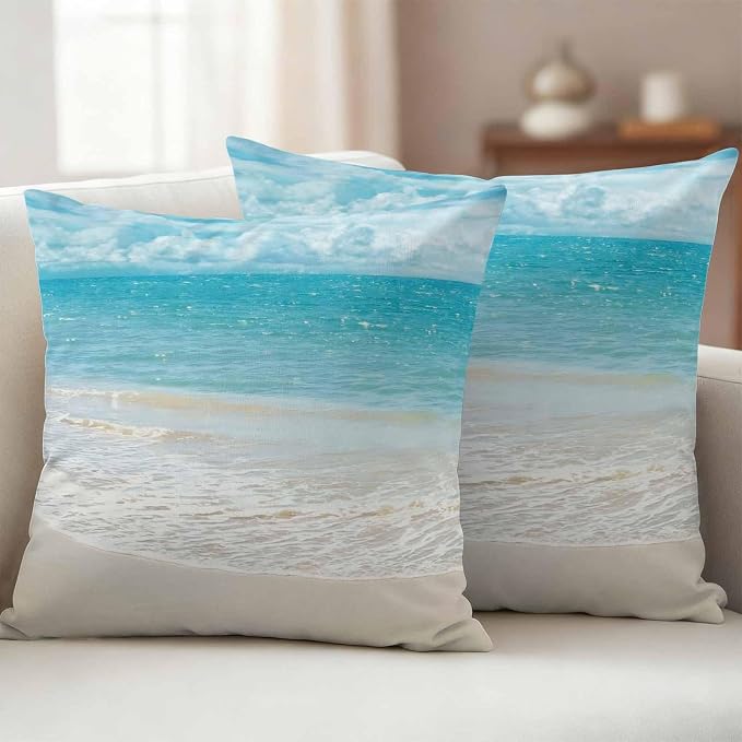 Yukro Coastal Ocean Outdoor Waterproof Pillow Covers Pack of 2, Ocean Waves Beach Sea Shore Throw Pillowcases Decorative Cushion Covers for Garden Patio Tent Sofa Couch, 26x26 inch