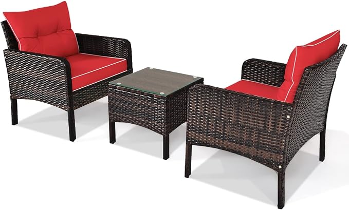 KOTEK 3 Piece Patio Furniture Set, Outdoor Wicker Conversation Bistro Set with 4 Cushions, All Weather PE Rattan Furniture Set for Garden, Backyard, Porch, Poolside (Red)