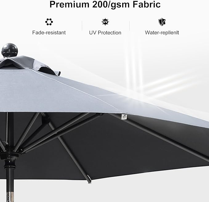 PURPLE LEAF 11' Round Patio Market Umbrella with Base Outdoor Table Umbrellas Aluminum Frame Sun Shade with 8 Sturdy Ribs for Garden Deck Lawn Pool Gray