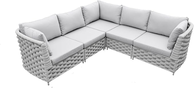 TWT 5-Piece Modular Outdoor Sectional Sofa Set, 5-Seater Woven Rope Patio Conversation Couch with Water-Resistant Cushions, for Backyard Balcony Deck, Khaki Gray