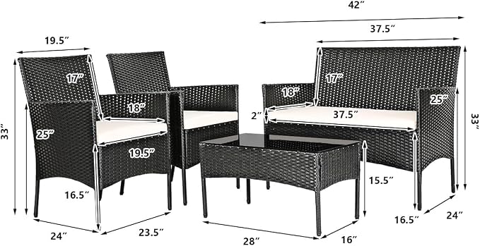 HAPPYGRILL 4PCS Patio Furniture Set Rattan Wicker Conversation Set Outdoor Patio Table Chair Set Wicker Sofas and Coffee Table Set for Garden Lawn Poolside