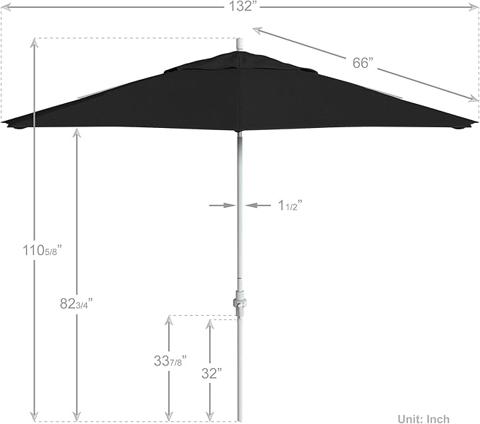 California Umbrella 11Ft Premium Sunbrella Patio Umbrella, Hand-Crank, Tilt-Collar, White Frame, Black Fabric