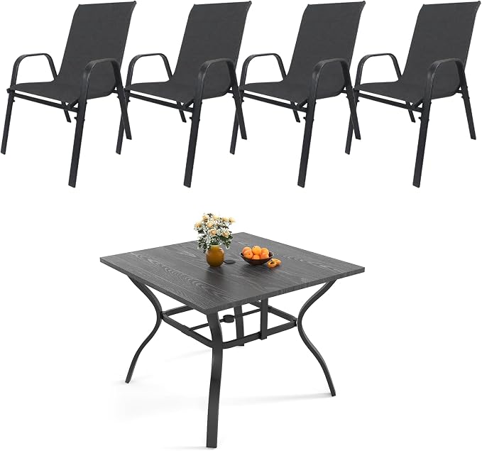 5 Piece Patio Dining Set, Stackable Outdoor Chairs Set of 4 with Textilene Fabric, 37.8" Wood-Grain Square Table with Umbrella Hole for Backyard Lawn Party (1 Table + 4 Chairs) (Black)