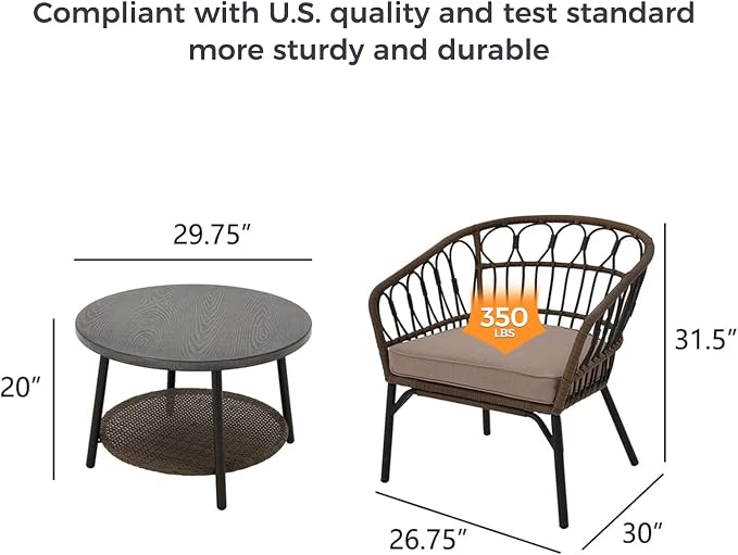 Grand patio 5-Piece Patio Conversation Sets with Cushion, Outdoor Bistro Set with Wicker Chairs & Round Table for Balcony, Patio, Deck, Tan