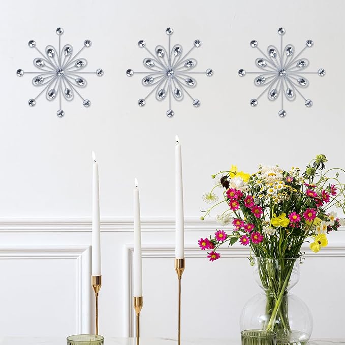hogardeck Metal Flower Wall Decor, 3pcs 9" Silver Metal Jeweled Wall Art Bling Crystal Home Décor, Sun Burst Rhinestone Hanging Diamond Accents for for Indoor, Outdoor, Living Room, Bedroom