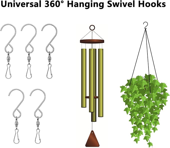 12 Pack 360 Swivel Hooks with 12.9in Extended Chain for Wind Spinner | Tsocent Heavy Duty Rotating Hooks for Wind Chimes Windsock Crystal Twisters, Outdoor Metal Hanging Parts