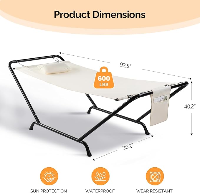 ONCLOUD Freestanding Hammock with Stand, 600LBS Heavy Duty Outdoor Hammock, Cofy Outdoor Hammock with Stand, Hammock Bed for Yard, Deck, Patio, Hammock with Soft Pillow & Storage Bag (White)
