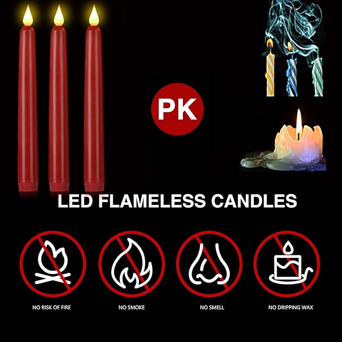 Flameless Taper Candles with Remote Control,3/6/9/12/15pack Plastic LED Candle, Flickering Battery Operated, 9.2'’Classic Tall Candle for Wedding, Party,Christmas,Home Decor (12PACK, Red)