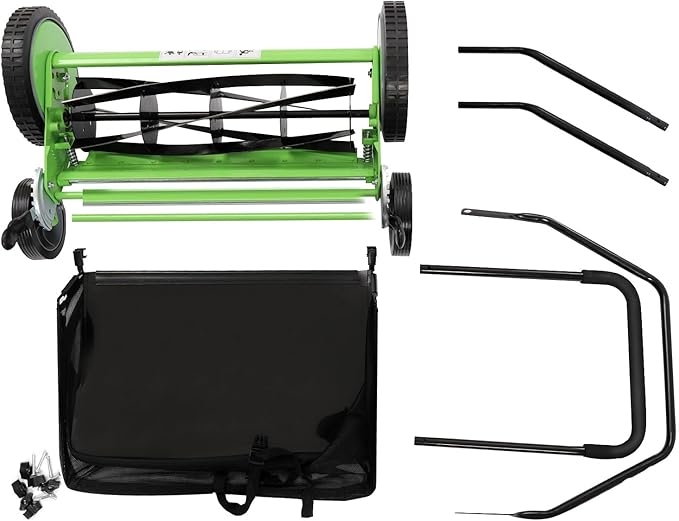 Manual Reel Mower 20 Inch, 5-Blade Push Lawn Mower with 9-Position Adjustable Cutting Height 1.33-2.51in, Quiet Eco-Friendly Hand Push Mower with Grass Catcher for Small to Medium Yards, Green