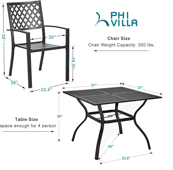 PHI VILLA Patio Dining Set for 4, Stackable Chairs&Square Steel Table | 37" Black Square Wrought Iron Table&Stackable Metal Steel Chairs,Outside Furniture Set for Patio,Deck,Backyard,Porch